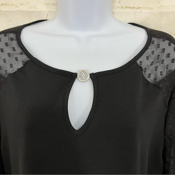 Adrienne Vittadini Black Keyhole Neck Sheer 3/4 Sleeve Blouse - Picture 2 of 12